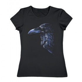 Женская футболка хлопок с принтом Ночной ворон в Екатеринбурге, 100% хлопок | прямой крой, круглый вырез горловины, длина до линии бедер, слегка спущенное плечо | ворон | глаз | клюв | минимализм | ночь | перья | птица | рисунок | тень | хищник