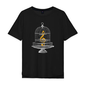 Мужская футболка хлопок Oversize с принтом Тишина в Екатеринбурге, 100% хлопок | свободный крой, круглый ворот, “спинка” длиннее передней части | Тематика изображения на принте: взаперти | звук | клетка | минимализм | музыка | ноты | сюрреализм | тишина