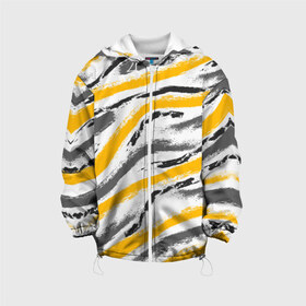 Детская куртка 3D с принтом Серый-желтый в Екатеринбурге, 100% полиэстер | застежка — молния, подол и капюшон оформлены резинкой с фиксаторами, по бокам — два кармана без застежек, один потайной карман на груди, плотность верхнего слоя — 90 г/м2; плотность флисового подклада — 260 г/м2 | Тематика изображения на принте: абстракция | желтый | линии | полосы | серый | цвет