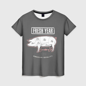 Женская футболка 3D с принтом Fresh Year 2019 в Екатеринбурге, 100% полиэфир ( синтетическое хлопкоподобное полотно) | прямой крой, круглый вырез горловины, длина до линии бедер | 2019 | merry christmas | new year | год свиньи | зима | новый год | поросенок | праздник | рождество | свинка | свинья