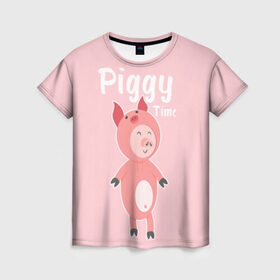 Женская футболка 3D с принтом Piggy Time в Екатеринбурге, 100% полиэфир ( синтетическое хлопкоподобное полотно) | прямой крой, круглый вырез горловины, длина до линии бедер | 2019 | merry christmas | new year | год свиньи | зима | новый год | поросенок | праздник | рождество | свинка | свинья