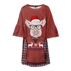 Детское платье 3D с принтом New Year Pig в Екатеринбурге, 100% полиэстер | прямой силуэт, чуть расширенный к низу. Круглая горловина, на рукавах — воланы | Тематика изображения на принте: 2019 | merry christmas | new year | год свиньи | зима | новый год | поросенок | праздник | рождество | свинка | свинья