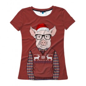 Женская футболка 3D с принтом New Year Pig в Екатеринбурге, 100% полиэфир ( синтетическое хлопкоподобное полотно) | прямой крой, круглый вырез горловины, длина до линии бедер | 2019 | merry christmas | new year | год свиньи | зима | новый год | поросенок | праздник | рождество | свинка | свинья