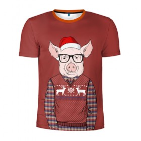 Мужская футболка 3D спортивная с принтом New Year Pig в Екатеринбурге, 100% полиэстер с улучшенными характеристиками | приталенный силуэт, круглая горловина, широкие плечи, сужается к линии бедра | 2019 | merry christmas | new year | год свиньи | зима | новый год | поросенок | праздник | рождество | свинка | свинья