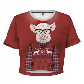 Женская футболка 3D укороченная с принтом New Year Pig в Екатеринбурге, 100% полиэстер | круглая горловина, длина футболки до линии талии, рукава с отворотами | 2019 | merry christmas | new year | год свиньи | зима | новый год | поросенок | праздник | рождество | свинка | свинья