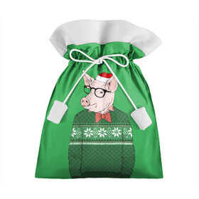 Подарочный 3D мешок с принтом New Year Hipster Pig в Екатеринбурге, 100% полиэстер | Размер: 29*39 см | Тематика изображения на принте: 2019 | merry christmas | new year | год свиньи | зима | новый год | поросенок | праздник | рождество | свинка | свинья