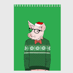 Скетчбук с принтом New Year Hipster Pig в Екатеринбурге, 100% бумага
 | 48 листов, плотность листов — 100 г/м2, плотность картонной обложки — 250 г/м2. Листы скреплены сверху удобной пружинной спиралью | Тематика изображения на принте: 2019 | merry christmas | new year | год свиньи | зима | новый год | поросенок | праздник | рождество | свинка | свинья