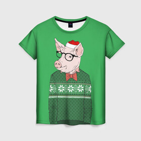 Женская футболка 3D с принтом New Year Hipster Pig в Екатеринбурге, 100% полиэфир ( синтетическое хлопкоподобное полотно) | прямой крой, круглый вырез горловины, длина до линии бедер | 2019 | merry christmas | new year | год свиньи | зима | новый год | поросенок | праздник | рождество | свинка | свинья