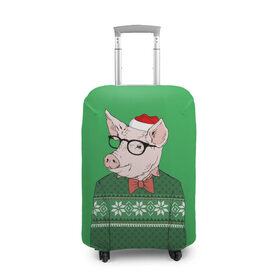 Чехол для чемодана 3D с принтом New Year Hipster Pig в Екатеринбурге, 86% полиэфир, 14% спандекс | двустороннее нанесение принта, прорези для ручек и колес | Тематика изображения на принте: 2019 | merry christmas | new year | год свиньи | зима | новый год | поросенок | праздник | рождество | свинка | свинья