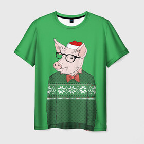 Мужская футболка 3D с принтом New Year Hipster Pig в Екатеринбурге, 100% полиэфир | прямой крой, круглый вырез горловины, длина до линии бедер | Тематика изображения на принте: 2019 | merry christmas | new year | год свиньи | зима | новый год | поросенок | праздник | рождество | свинка | свинья