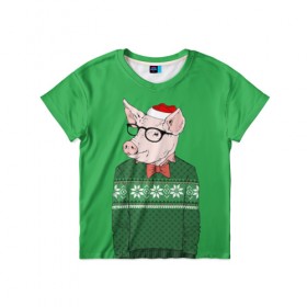 Детская футболка 3D с принтом New Year Hipster Pig в Екатеринбурге, 100% гипоаллергенный полиэфир | прямой крой, круглый вырез горловины, длина до линии бедер, чуть спущенное плечо, ткань немного тянется | 2019 | merry christmas | new year | год свиньи | зима | новый год | поросенок | праздник | рождество | свинка | свинья