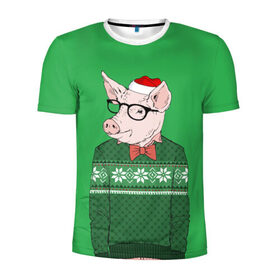 Мужская футболка 3D спортивная с принтом New Year Hipster Pig в Екатеринбурге, 100% полиэстер с улучшенными характеристиками | приталенный силуэт, круглая горловина, широкие плечи, сужается к линии бедра | 2019 | merry christmas | new year | год свиньи | зима | новый год | поросенок | праздник | рождество | свинка | свинья