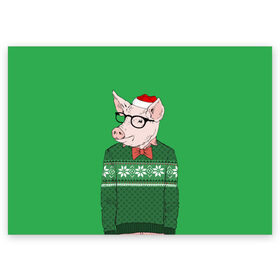 Поздравительная открытка с принтом New Year Hipster Pig в Екатеринбурге, 100% бумага | плотность бумаги 280 г/м2, матовая, на обратной стороне линовка и место для марки
 | 2019 | merry christmas | new year | год свиньи | зима | новый год | поросенок | праздник | рождество | свинка | свинья