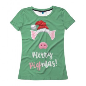 Женская футболка 3D с принтом Merry Pigmas в Екатеринбурге, 100% полиэфир ( синтетическое хлопкоподобное полотно) | прямой крой, круглый вырез горловины, длина до линии бедер | 2019 | merry christmas | new year | год свиньи | зима | новый год | поросенок | праздник | рождество | свинка | свинья