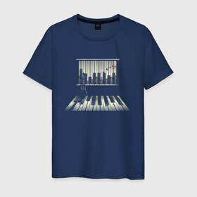 Мужская футболка хлопок с принтом Город музыки в Екатеринбурге, 100% хлопок | прямой крой, круглый вырез горловины, длина до линии бедер, слегка спущенное плечо. | urban | гитара | город | город музыки | звуки | клавиши | минимализм | музыка | пианино | птицы | рояль