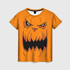 Женская футболка 3D с принтом Halloween в Екатеринбурге, 100% полиэфир ( синтетическое хлопкоподобное полотно) | прямой крой, круглый вырез горловины, длина до линии бедер | halloween | orange | pumpkin | scary | оранжевая | страшная | тыква | ужас | хэллоуин