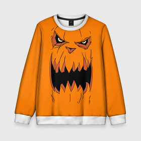 Детский свитшот 3D с принтом Halloween в Екатеринбурге, 100% полиэстер | свободная посадка, прямой крой, мягкая тканевая резинка на рукавах и понизу свитшота | Тематика изображения на принте: halloween | orange | pumpkin | scary | оранжевая | страшная | тыква | ужас | хэллоуин