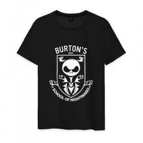 Мужская футболка хлопок с принтом Burton`s School Of Nightmares в Екатеринбурге, 100% хлопок | прямой крой, круглый вырез горловины, длина до линии бедер, слегка спущенное плечо. | бёртон | герб | депп | джони деп | кино | логотип | режиссер | тим бертон | фильм | школа