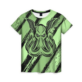 Женская футболка 3D с принтом Ктулху в Екатеринбурге, 100% полиэфир ( синтетическое хлопкоподобное полотно) | прямой крой, круглый вырез горловины, длина до линии бедер | cthulhu | божество | кракен | лавкрафт | миф | монстр | океан | чудовище