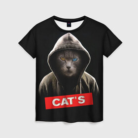Женская футболка 3D с принтом Кот в Екатеринбурге, 100% полиэфир ( синтетическое хлопкоподобное полотно) | прямой крой, круглый вырез горловины, длина до линии бедер | cat | глаза | животные | капюшон | кот | котенок | кошка | природа | хулиган