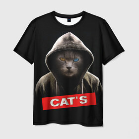 Мужская футболка 3D с принтом Кот в Екатеринбурге, 100% полиэфир | прямой крой, круглый вырез горловины, длина до линии бедер | cat | глаза | животные | капюшон | кот | котенок | кошка | природа | хулиган