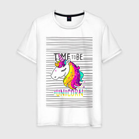Мужская футболка хлопок с принтом Радуга Единорога в Екатеринбурге, 100% хлопок | прямой крой, круглый вырез горловины, длина до линии бедер, слегка спущенное плечо. | rainbow | unicorn | время быть единорогом | равенство | радуга | радуга флаг