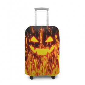 Чехол для чемодана 3D с принтом FIRE PUMPKIN в Екатеринбурге, 86% полиэфир, 14% спандекс | двустороннее нанесение принта, прорези для ручек и колес | Тематика изображения на принте: fire | halloween | искры | огонь | праздник | тыква | хэллоуин