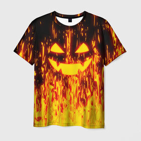 Мужская футболка 3D с принтом FIRE PUMPKIN в Екатеринбурге, 100% полиэфир | прямой крой, круглый вырез горловины, длина до линии бедер | Тематика изображения на принте: fire | halloween | искры | огонь | праздник | тыква | хэллоуин