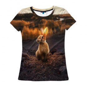 Женская футболка 3D с принтом Солнечный зайчик в Екатеринбурге, 100% полиэфир ( синтетическое хлопкоподобное полотно) | прямой крой, круглый вырез горловины, длина до линии бедер | заяц | кролик | лес | пейзаж | поле | природа | пушистый | солнце | уши