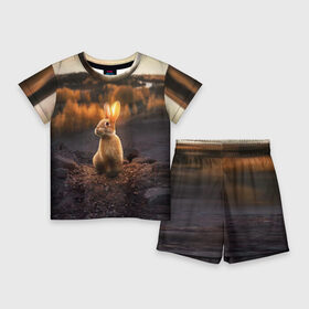 Детский костюм с шортами 3D с принтом Солнечный зайчик в Екатеринбурге,  |  | заяц | кролик | лес | пейзаж | поле | природа | пушистый | солнце | уши