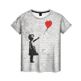 Женская футболка 3D с принтом Бэнкси: Девочка с Шаром в Екатеринбурге, 100% полиэфир ( синтетическое хлопкоподобное полотно) | прямой крой, круглый вырез горловины, длина до линии бедер | Тематика изображения на принте: art | balloon | banksy | culture | girl | graffity | heart | hearts | red | арт | бэнкси | граффити | девочка | девочка с шаром | красный | красным | культура | сердечки | сердечко | сердце | стрит | шар | шарик | шариком