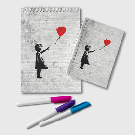 Блокнот с принтом Бэнкси Девочка с Шаром в Екатеринбурге, 100% бумага | 48 листов, плотность листов — 60 г/м2, плотность картонной обложки — 250 г/м2. Листы скреплены удобной пружинной спиралью. Цвет линий — светло-серый
 | Тематика изображения на принте: art | balloon | banksy | culture | girl | graffity | heart | hearts | red | арт | бэнкси | граффити | девочка | девочка с шаром | красный | красным | культура | сердечки | сердечко | сердце | стрит | шар | шарик | шариком