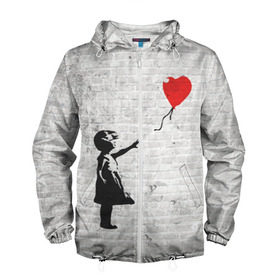 Мужская ветровка 3D с принтом Бэнкси: Девочка с Шаром в Екатеринбурге, 100% полиэстер | подол и капюшон оформлены резинкой с фиксаторами, два кармана без застежек по бокам, один потайной карман на груди | art | balloon | banksy | culture | girl | graffity | heart | hearts | red | арт | бэнкси | граффити | девочка | девочка с шаром | красный | красным | культура | сердечки | сердечко | сердце | стрит | шар | шарик | шариком