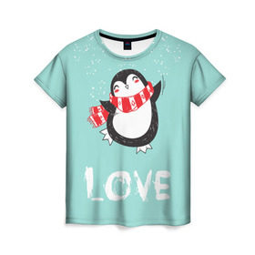 Женская футболка 3D с принтом Пингвин LOVE в Екатеринбурге, 100% полиэфир ( синтетическое хлопкоподобное полотно) | прямой крой, круглый вырез горловины, длина до линии бедер | linux | детская | зима | зимняя | лёд | новый год | пингвин | пингвин в снегу | пингвин в шарфе | пингвин любовь | пингвинчик | пингвины | северный полюс | снег | холод
