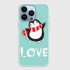 Чехол для iPhone 13 Pro с принтом Пингвин LOVE в Екатеринбурге,  |  | Тематика изображения на принте: linux | детская | зима | зимняя | лёд | новый год | пингвин | пингвин в снегу | пингвин в шарфе | пингвин любовь | пингвинчик | пингвины | северный полюс | снег | холод