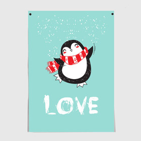 Постер с принтом Пингвин LOVE в Екатеринбурге, 100% бумага
 | бумага, плотность 150 мг. Матовая, но за счет высокого коэффициента гладкости имеет небольшой блеск и дает на свету блики, но в отличии от глянцевой бумаги не покрыта лаком | linux | детская | зима | зимняя | лёд | новый год | пингвин | пингвин в снегу | пингвин в шарфе | пингвин любовь | пингвинчик | пингвины | северный полюс | снег | холод