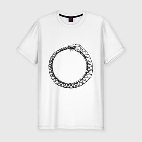 Мужская футболка премиум с принтом Уроборос в Екатеринбурге, 92% хлопок, 8% лайкра | приталенный силуэт, круглый вырез ворота, длина до линии бедра, короткий рукав | алхимия | бесконечность | вечность | дракон | змей | мифология | символ | уроборос | эпос
