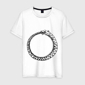 Мужская футболка хлопок с принтом Уроборос в Екатеринбурге, 100% хлопок | прямой крой, круглый вырез горловины, длина до линии бедер, слегка спущенное плечо. | Тематика изображения на принте: алхимия | бесконечность | вечность | дракон | змей | мифология | символ | уроборос | эпос