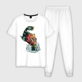 Мужская пижама хлопок с принтом Рыба в противогазе в Екатеринбурге, 100% хлопок | брюки и футболка прямого кроя, без карманов, на брюках мягкая резинка на поясе и по низу штанин
 | море | озеро | противогаз | рыба | рыбалка