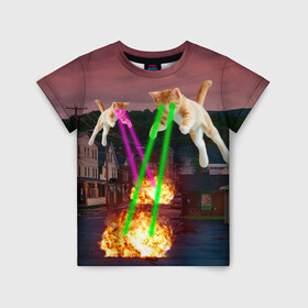 Детская футболка 3D с принтом Кошачья Атака! в Екатеринбурге, 100% гипоаллергенный полиэфир | прямой крой, круглый вырез горловины, длина до линии бедер, чуть спущенное плечо, ткань немного тянется | attack | bomb | cat | lazer | meme | neon | party | вечеринка | взрыв | коты | кошак | кошка | лазер | мем | неон | огонь
