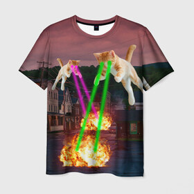 Мужская футболка 3D с принтом Кошачья Атака! в Екатеринбурге, 100% полиэфир | прямой крой, круглый вырез горловины, длина до линии бедер | attack | bomb | cat | lazer | meme | neon | party | вечеринка | взрыв | коты | кошак | кошка | лазер | мем | неон | огонь