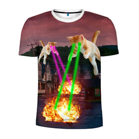 Мужская футболка 3D спортивная с принтом Кошачья Атака! в Екатеринбурге, 100% полиэстер с улучшенными характеристиками | приталенный силуэт, круглая горловина, широкие плечи, сужается к линии бедра | attack | bomb | cat | lazer | meme | neon | party | вечеринка | взрыв | коты | кошак | кошка | лазер | мем | неон | огонь