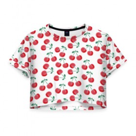 Женская футболка 3D укороченная с принтом Вишневое настроение в Екатеринбурге, 100% полиэстер | круглая горловина, длина футболки до линии талии, рукава с отворотами | весна | вишня | красный | лето | листья | ягода