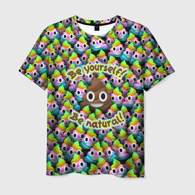 Мужская футболка 3D с принтом Be yourself в Екатеринбурге, 100% полиэфир | прямой крой, круглый вырез горловины, длина до линии бедер | Тематика изображения на принте: be natural | emoji | poop | будь собой | паттрен | радуга | радужная | смайлик | толпа | эмоджи | эмодзи