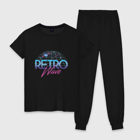 Женская пижама хлопок с принтом Retrowave Spacetraveling в Екатеринбурге, 100% хлопок | брюки и футболка прямого кроя, без карманов, на брюках мягкая резинка на поясе и по низу штанин | 80s | etro | retrowave | spacesynth | synthwave | ретровейве