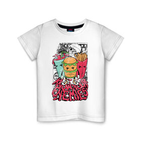Детская футболка хлопок с принтом Angry Food в Екатеринбурге, 100% хлопок | круглый вырез горловины, полуприлегающий силуэт, длина до линии бедер | бургер | газировка | граффити | еда | картошка | крест | рок | череп