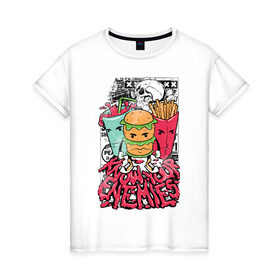 Женская футболка хлопок с принтом Angry Food в Екатеринбурге, 100% хлопок | прямой крой, круглый вырез горловины, длина до линии бедер, слегка спущенное плечо | бургер | газировка | граффити | еда | картошка | крест | рок | череп
