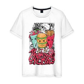 Мужская футболка хлопок с принтом Angry Food в Екатеринбурге, 100% хлопок | прямой крой, круглый вырез горловины, длина до линии бедер, слегка спущенное плечо. | бургер | газировка | граффити | еда | картошка | крест | рок | череп