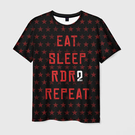Мужская футболка 3D с принтом Eat Sleep RDR2 Repeat в Екатеринбурге, 100% полиэфир | прямой крой, круглый вырез горловины, длина до линии бедер | dead | die | eat | flag | game | games | gta | rdr | rdr2 | red | redemption | repeat | rockstar | sleep | sun | western | вестерн | выкуп | гта | дикий | запад | игра | игры | красный | мертвый | рдр | рдр2 | рокстар | солнце
