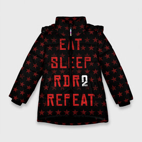 Зимняя куртка для девочек 3D с принтом Eat Sleep RDR2 Repeat в Екатеринбурге, ткань верха — 100% полиэстер; подклад — 100% полиэстер, утеплитель — 100% полиэстер. | длина ниже бедра, удлиненная спинка, воротник стойка и отстегивающийся капюшон. Есть боковые карманы с листочкой на кнопках, утяжки по низу изделия и внутренний карман на молнии. 

Предусмотрены светоотражающий принт на спинке, радужный светоотражающий элемент на пуллере молнии и на резинке для утяжки. | dead | die | eat | flag | game | games | gta | rdr | rdr2 | red | redemption | repeat | rockstar | sleep | sun | western | вестерн | выкуп | гта | дикий | запад | игра | игры | красный | мертвый | рдр | рдр2 | рокстар | солнце